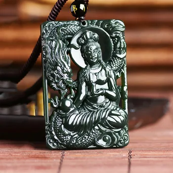 

Natural Hetian Green Jade Hollow Dragon Guanyin Pendant Beads Necklace Charm Jewellery Fashion Hand-Carved Man Luck Amulet Gifts