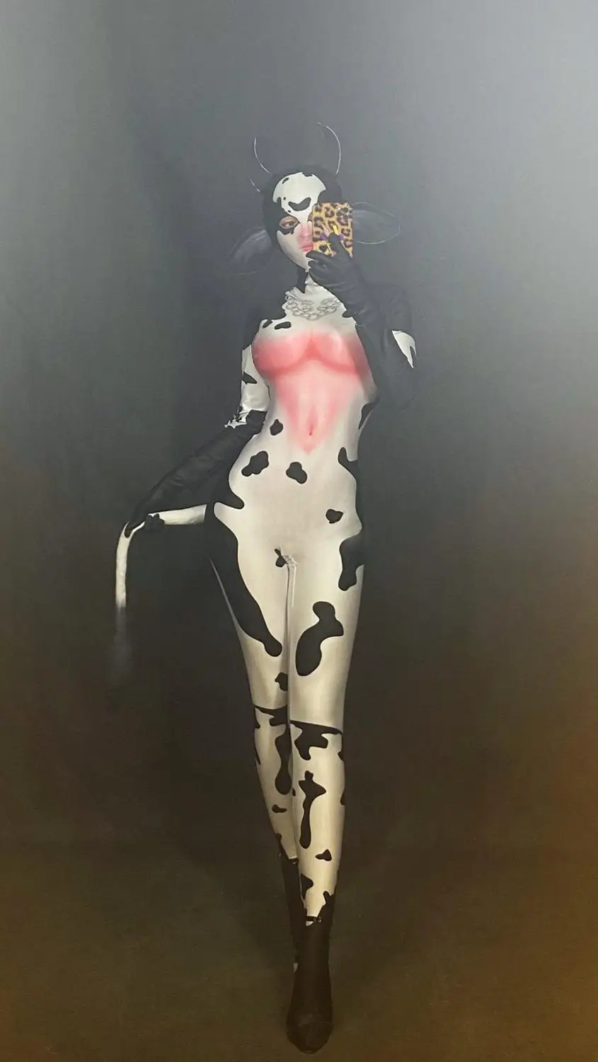 

Cow Pattern Printed Jumpsuit Spandex Animal Cosplay Women Singer Dancer Show Clothes Prom Celebrate Leggings Outfit