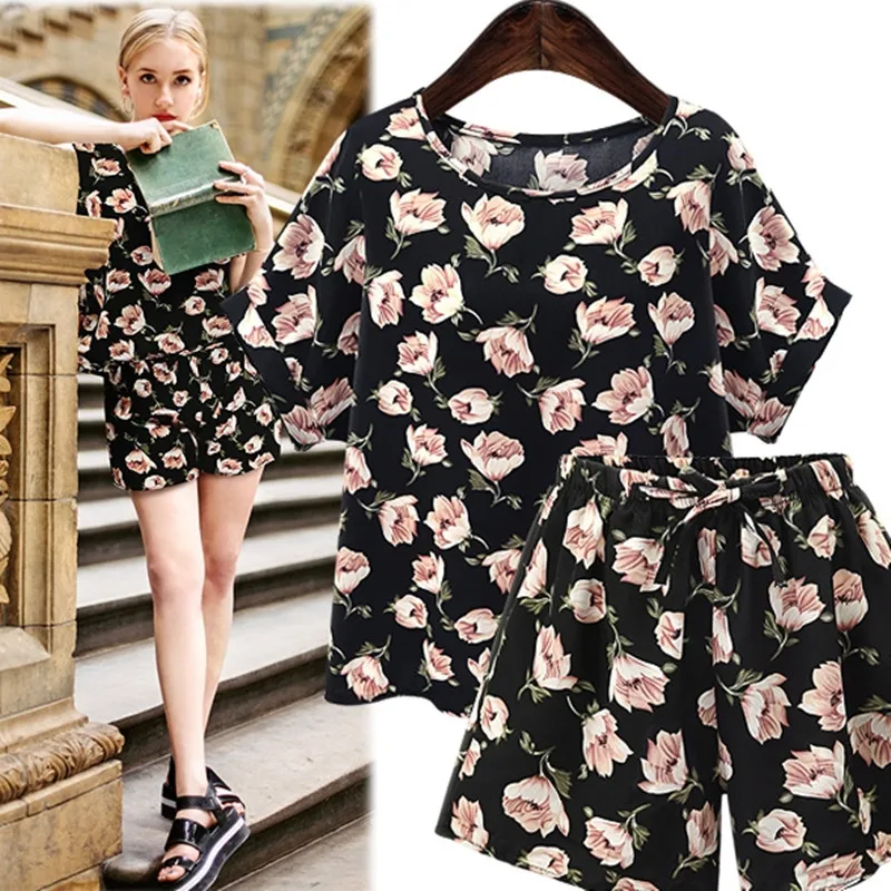 

Europe And America Large Size Summer Floral-Print Chiffon Elastic Waist Loose Pants Shorts Fashion Casual WOMEN'S Suit Two-Piece