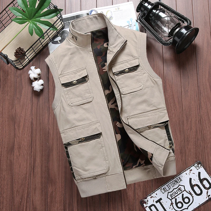 Khaki Casual Tactical Working Vest Vests Male With Many Pockets Winter Sleeveless Cotton Slim Simple Waistcoat Jacket Plus Size Men - Цвет: Khaki