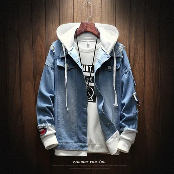 

Men's Jacket Four Seasons Fake Two Piece Patchwork Denim Hooded Jacket Trend Hip Hop Print Frayed Hole Coat Jacket