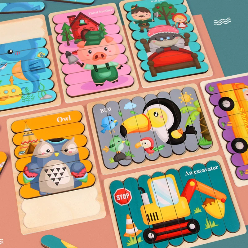 

Cute Cartoon Bar Puzzles Children's Traffic Animal Puzzle Toys Wooden Educational Toy Double-sided Safety Jigsaw Puzzles Gifts