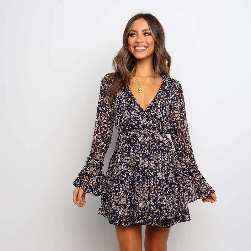 Tanie Dekolt w serek z długimi rękawami szyfonowa druku sukienka moda damska na co dzień eleganckie sukienki i zabawy kobiet 2019 jesienne damskie odzież