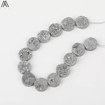 

14Pcs/Strand 14mm Silvery Titanium Round Drusy Agates Loose Beads Bulk,Middle Drilled Slice Slab Onyx Stone Beads XFX-166AMEE