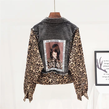 

Spring Autumn New Punk Applique Women Denim Jacket Harajuku Patchwork Leopard Jean Jackets Coat Female Loose Fashion Streetwear