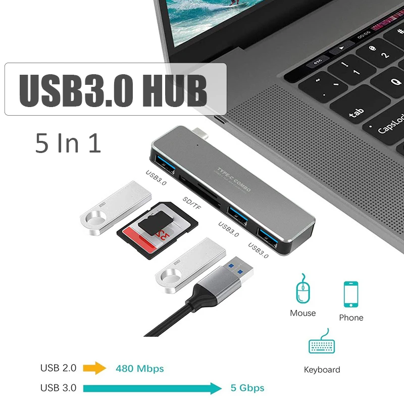 USB 3.0 HUB USB C to USB3.0 Converter Card Readers 5 In 1 with TF SD Card for HDTV PC MacBook Monitor TYPE C Combo