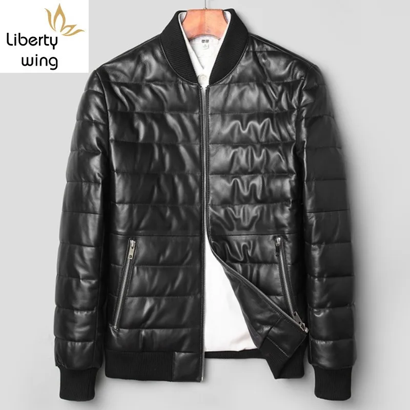 

Winter Fashion Mens Down Bomber Genuine Pilot Jacket Sheepskin Slim Warm Plus Size Real Leather Aviator Coats Man