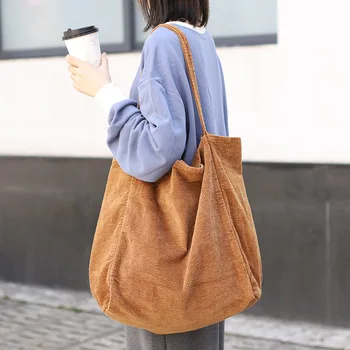 

Korean-style high-capacity handbags shopping bag fashion corduroy canvas simple and retro pure color single-shoulder women's bag