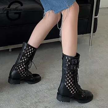 

GENSHUO Breathable Botas Mujer 2021 Spring Summer Fashion Half Boots Ladies Hollow Outs Booties Sandalias for Summer Back Zipper