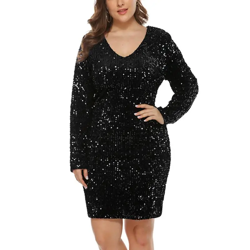 

Autumn new plus-size dress 6XL 7XL 8XL ladies' fashion nightclub sexy sequined V-neck long-sleeved tight fashion dress.