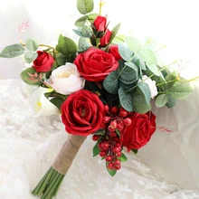 Свадебный букет, красные розы, искусственные цветы, украшение дома, имитирующий свадебный букет, настоящие на ощупь цветы, фотостудия, реквизит