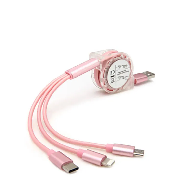 3 в 1 Выдвижной кабель мульти usb зарядный кабель для Doogee N20 N10 X90 X70 UMIDIGI A5 A3 F1 F2 Ulefone Note 7 p6000 power 3S - Цвет: Pink