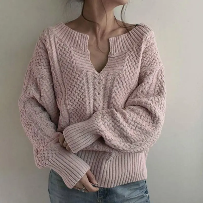 Теплый толстый свитер, Женский пуловер в Корейском стиле, Свитера для отдыха, свободные, большие размеры, простые свитера с v-образным вырезом, уличные вязаные топы - Цвет: Розовый