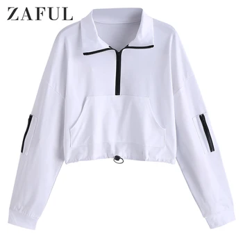 

Zaful Streetwear Women Causal Hoodies Lapel Drop Shoulder Female Pullovers Half Zipper Pockets Drawstring Cropped Sweatshirts