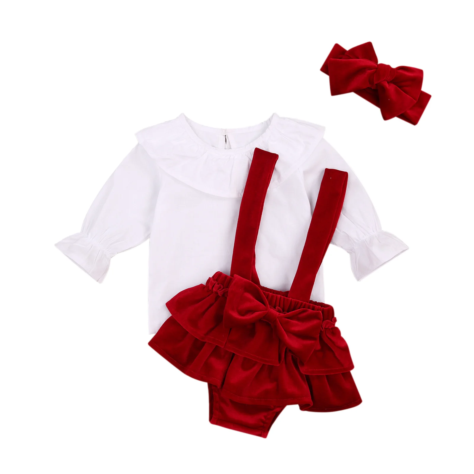 

2020 New Fall Autumn 0-24M Infant Baby Girl 3Pcs Set Red Velvet Suspender Skirt-Style Shorts+Ruffled Neck Long Sleeve Top+Bow