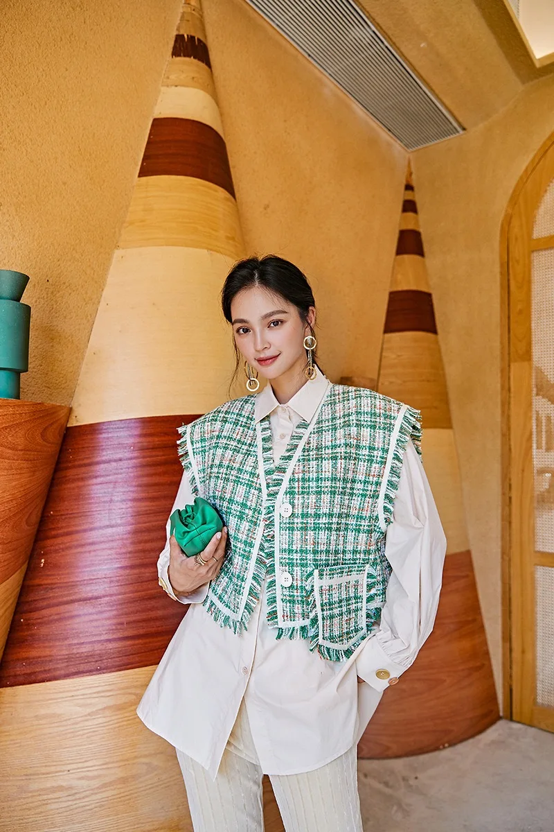 Осень зима дизайн Gloria& Grace Instagram зеленый твидовый свободный негабаритный жилет с широкой талией и кисточками