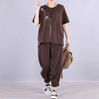 

Tops And Harem Pants Plus Size Loose Two Piece Set Western Style Embroidery Short Sleeve Two-piece Casual Suit Tracksuit Women