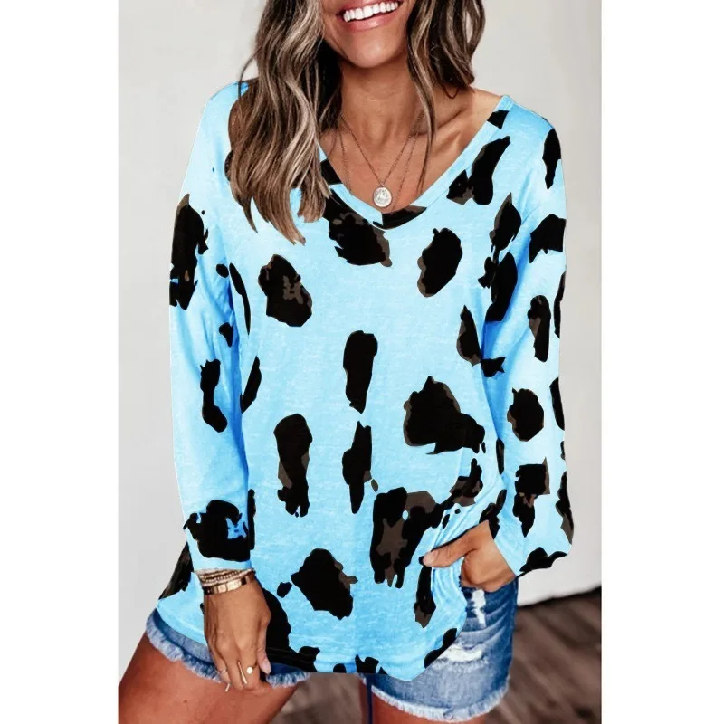 

Autumn and winter new leopard print long-sleeved pullover European and American large size loose casual bottoming blouse