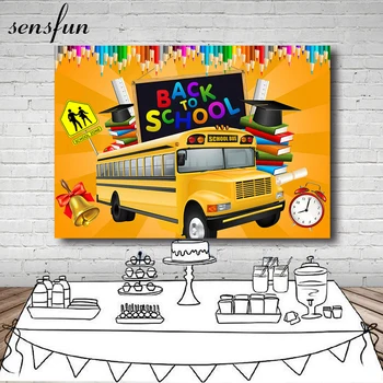 

Sensfun Back To School Party Backdrops For Photo Studio Orange Colored pencils Books School Bus Photography Backgrounds Custom