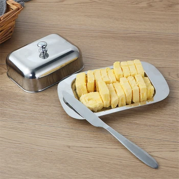 

304 Stainless Steel Butter Dish Box Container Cheese Server Storage Keeper Tray with Lid Cheese Box Crisper Kitchen Dinnerware