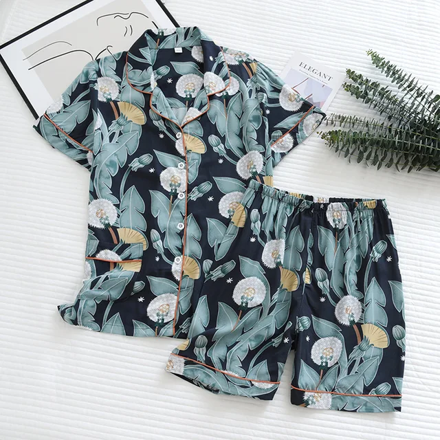 summer new women's pajamas thin section short-sleeved shorts large floral print pajamas home service ladies pajamas for women 04