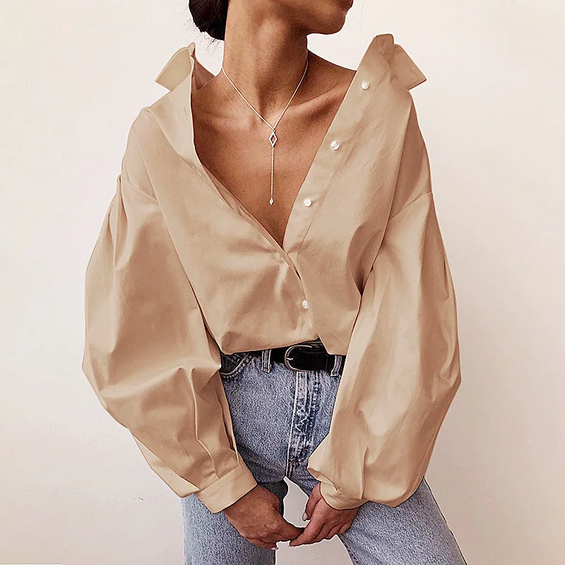 

Vintage Oversize Women Blouse Shirt Lantern Sleeve White Black Sexy Button Turn Down Collar Casual Office Ladies Elegant Shirts