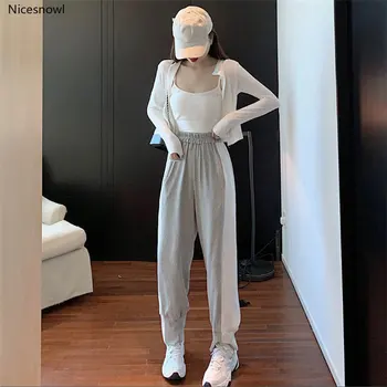 

Korean Fashion Suit Spring 2020 New Simple Solid Color Knitted Strap Two-Piece Set + High Waist Casual Pants Women