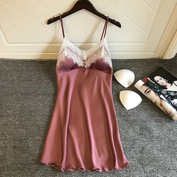 

Sexy Silk night gowns With Padded ladies Lace Trim V-neck Satin women Strap Sleeveless sleepwear dress nightdress homewear
