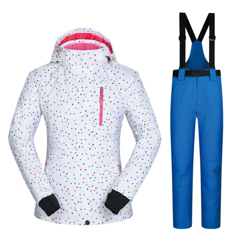 Комплект из водонепроницаемой лыжной куртки и штанов для спорта на открытом воздухе, женские спортивные штаны для сноуборда, лыжный комбинезон, теплая зимняя одежда, комбинезоны - Цвет: White Blue