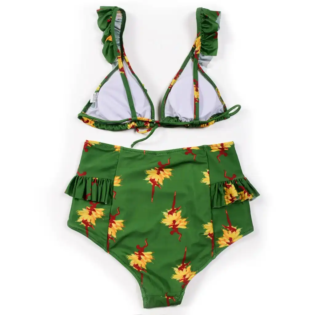 deep v ruffles printed bandage swimwear high waist
