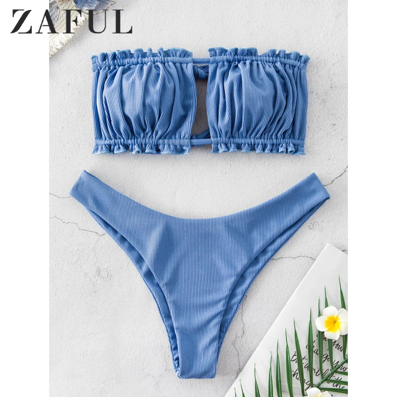 

ZAFUL Ribbed Frilled Tie Cutout High Cut Bikini Swimsuit For Women Strapless Solid Color Strapless Bandeau Bikini Sets