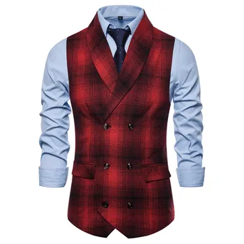 

Men Plaid Vest Autumn Winter Red Black Double-breasted Grid Plus Size Casual Slim Fit Business Suit Vest Party Male Clothing