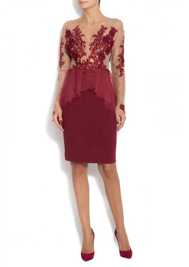 Vestido de madrinha дешевые платья для матери невесты до колена бордовые кружевные свадебные платья с аппликацией для гостей с длинным рукавом - Цвет: same as picture