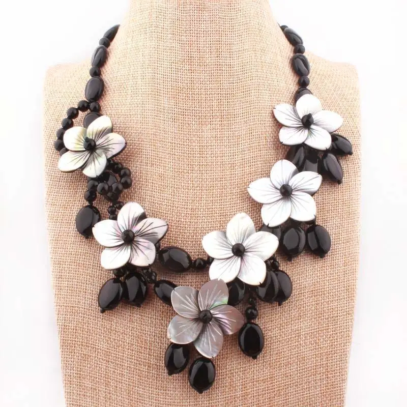 Натуральный круглый черный Агаты Морская раковина цветок преувеличенный дизайн модное длинное ожерелье для женщин Рождественский подарок ожерелье 45 см