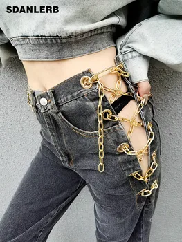 

2020 Autumn New Cool Gold Chain Corns Black Jeans Women's Side Slit Casual Denim Pants Lady Hipster Fashion Long Straight Pants