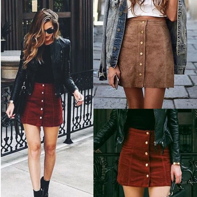 

Fashion elegant women's summer dress high waist single-breasted solid color Slim A-type suede leather skirt 2 style