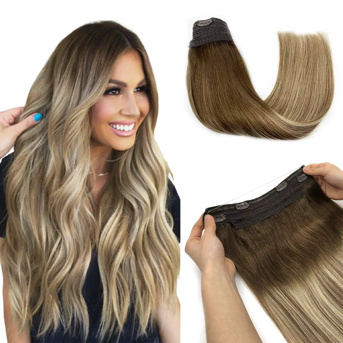 Buena Compra Extensión de cabello humano con Clip Halo para mujer, extensión de pelo largo Remy Natural, línea OmbreFish, peluca recta corta rubia GR6JeKQgzEl