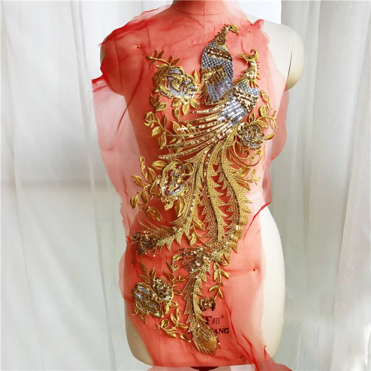 Large Peacock Sequin Lace Fabric Appliques Sew On Patches For Dress Clothes Embroidery Mesh Lace Trim Diy Clothing Accessories