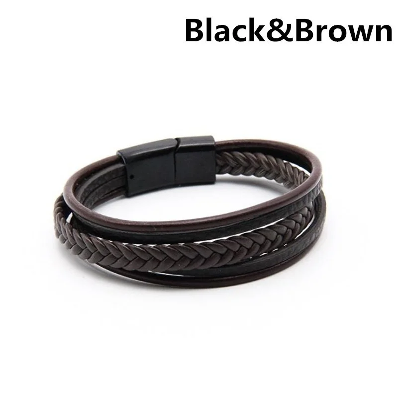 leather bracelet men bangles for mens Magnetic-Clasp Cowhide Braided Multi Layer Wrap Bracelet man pulseras moda masculina - Окраска металла: Black Brown