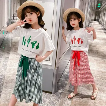 

Summer Clothes For Girls Cute T Shirt + Print Wide Leg Pants Skirt 2PCS Costumes For Girls Teens Kids Clothes Set 6 8 10 12 13Y