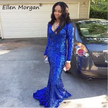 Королевский синий цвет с блестками Русалка Длинные рукава Выпускные платья для африканских черные девушки в году vestido de festa V образным вырезом сверкающие вечерние платья