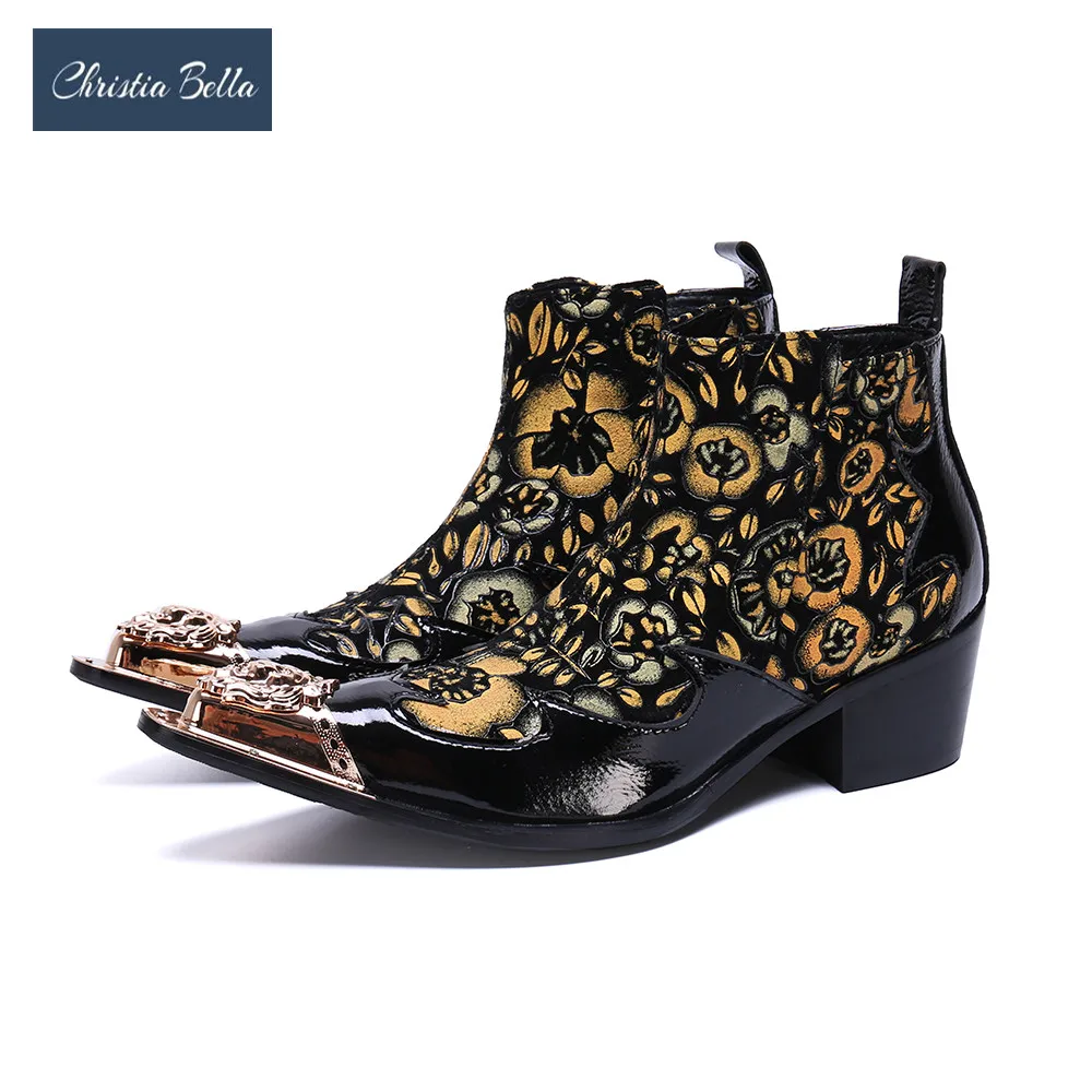 

Christia Bella Man Large Size Real Leather Short Boots European Style Pointeed Toe Boots with Zipper Print Man Winter Boots