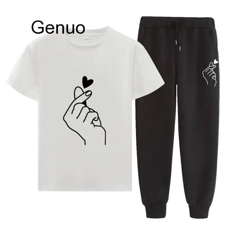 

Casual Women Two Piece Set T-shirt Graphic Love Hand Funny Summer Tops And Harem Pants Suit Streetwear Women's Sets