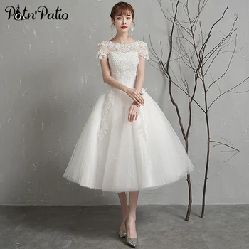 

Tea-length White Wedding Dresses With Short Sleeves Luxury Beading Appliques Ball Gown Bridal Dresses Plus Size 2020
