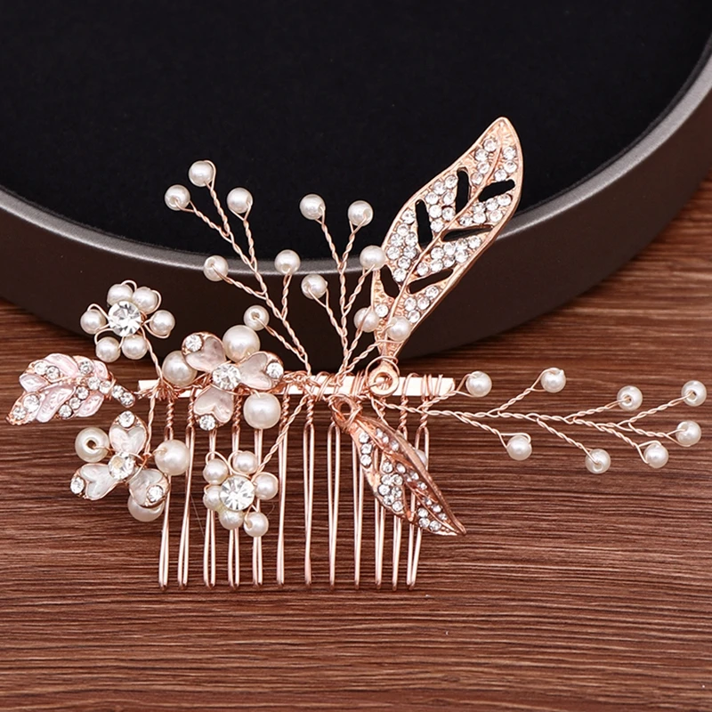Bridal Hair Accessories Rose Gold Leaf Rhinestone Comb Wedding Headpiece Handmade Pearl Head Decoration | Украшения и аксессуары