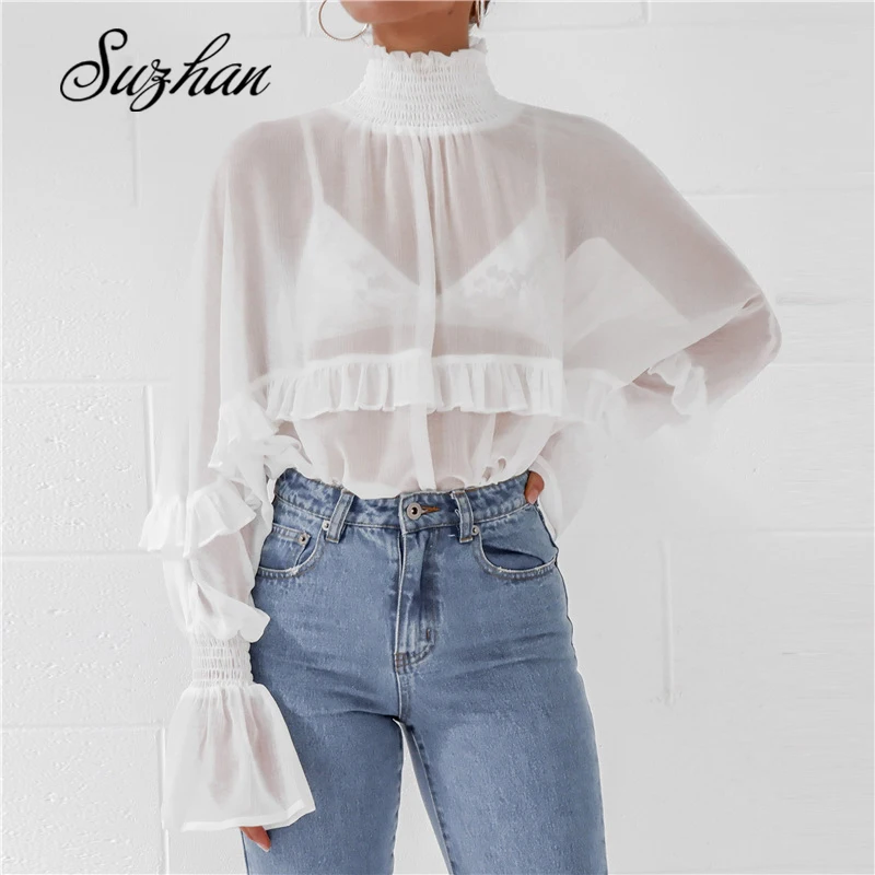

Suzhan 2019 Fashion Chiffon Blouse Shirts Turtleneck Flounce Long Sleeve Loose Casual Tops Plus Size Blusas Chemise femme