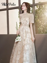 

Champagne Lace Evening Dresses Long Elegant High Neck A-Line Floor-Length Women Formal Gowns For Wedding Party 2021