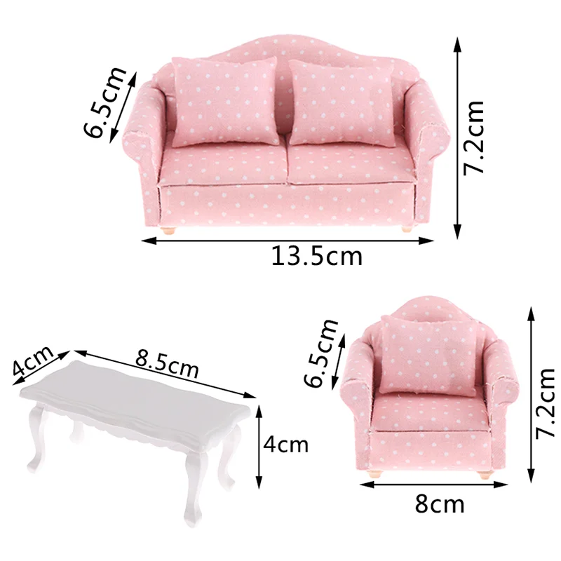 3 Pcs 1:12 Dollhouse Miniature Wooden Sofa Cushions Armchair Pillow Kit Dolls House Furniture Couch with 1 Pc Dollhouse Teatable Coffee Table 