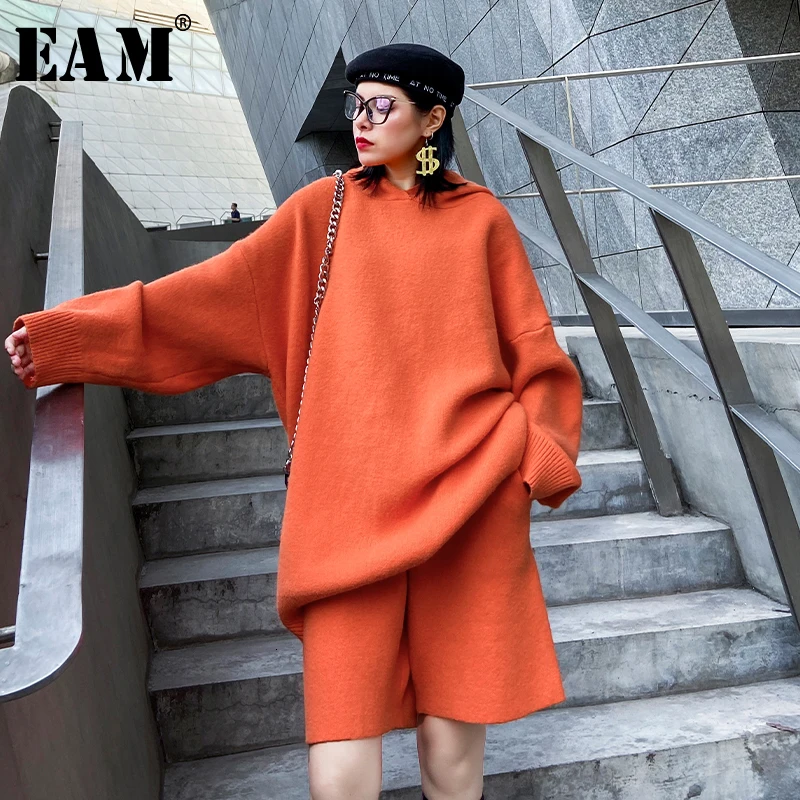 

[EAM] Wide Leg Pants Knitting Two Piece Suit New Hooded Long Sleeve Loose Fit Women Fashion Tide Spring Autumn 2019 19A-a219