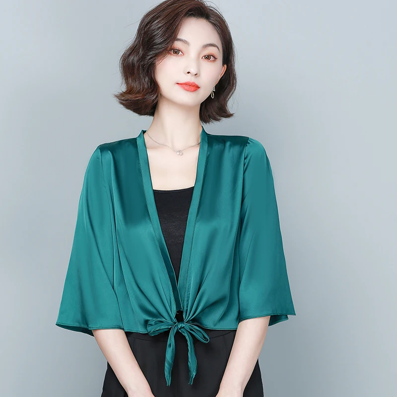 Women Large Size Shirt Real Silk Soft Blouse Elegant Half Lantern Sleeve Cardigan Lady Formal Business Bolero Cloak Shawl Top 2023 summer women clothes korean fashion irregular shawl shirts office lady elegant slim 3 4 sleeve chiffon cardigan solid blusa